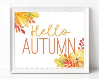 HELLO AUTUMN printable, Autumn Sign for Fall Table Decor, Pumpkin wall art, Autumn digital print, Fall poster with watercolor pumpkin