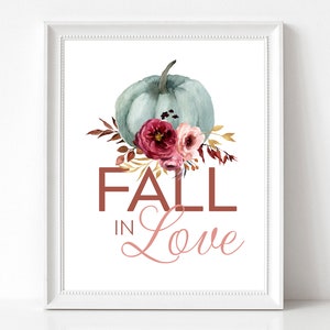 FALL IN LOVE druckbare, Herbst Digitaldruck für Herbst Tisch Dekor und Herbst Dekoration mit Aquarell Kürbis, Instant Download
