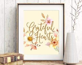 Grateful Hearts AUTUMN PRINTABLE, Thanksgiving digital download for Fall Table Decor and Autumn decoration with watercolor flowers