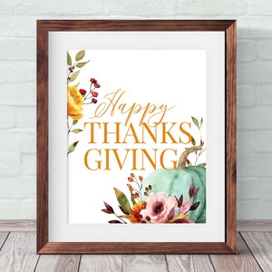 FELIZ THANKSGIVING imprimible, Signo de Acción de Gracias para la decoración de la mesa de otoño, cartel de otoño con calabaza de acuarela, impresión digital de otoño