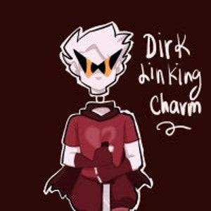 May include: Illustration of a character in a red and white outfit, holding a sword. The character has white hair and glasses. Text on the image reads "Dirk Linking Charm". The background is a dark red color.