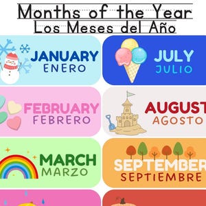 Printable poster of the months of year in English and Spanish