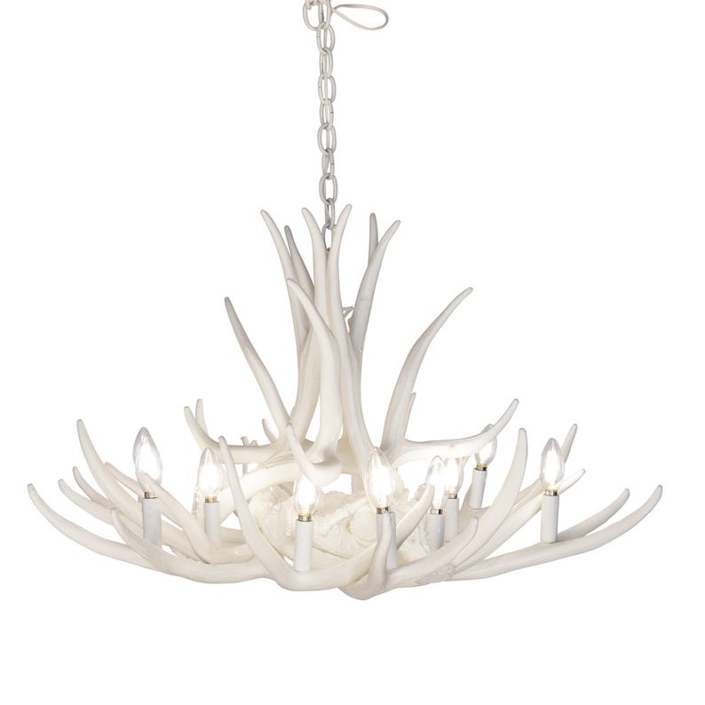 White Faux Mule Deer 9 Antler Chandelier