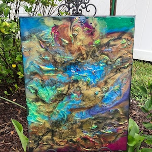Fire Opal Painting 18 x 24 Resin on Canvas  Iridescent multi gold Colors