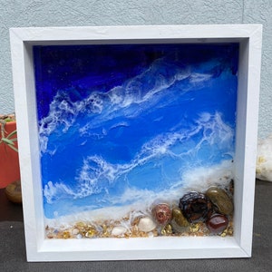 Mixed Media Abstract Island Ocean  3D Agate  & Carnelian crystal infused Flow Resin acrylic Painting Resin Artwork 12” x 12” wooden Frame