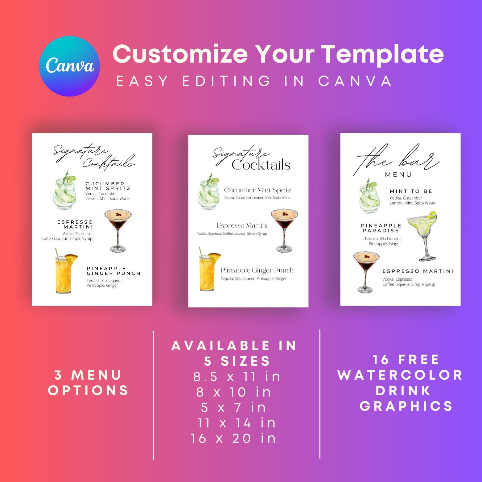 Editable Wedding Bar Menu Template | Signature Cocktail Sign | Canva ...