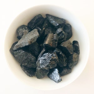 May include: A white bowl filled with black charcoal pieces.