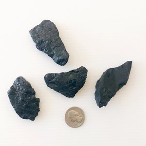 May include: Four black, irregularly shaped, rough-textured stones, with one stone slightly larger than the others. A silver US quarter is included for size comparison.