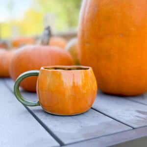 May include: A glossy orange ceramic mug shaped like a pumpkin with a dark green handle. The mug features vertical ridges mimicking the texture of a gourd, with a smooth, reflective finish. It is positioned in front of several large orange pumpkins.