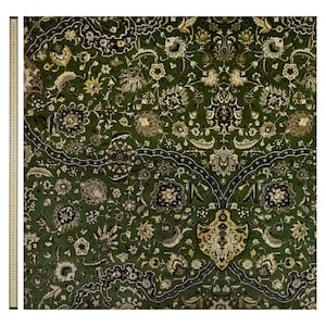 May include: A green rug with a floral pattern. The rug has a central medallion with a more intricate design. The rug is made of wool and silk.