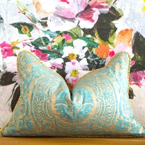 Fortuny Orsini Blue Green & Silvery Gold luxury pillow - iconic Italian hand printed cotton luxury lumbar accent throw pillow cover