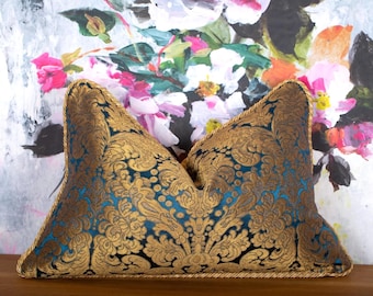 16"x24" Rubelli Tebaldo blue gold silk pillow - Venetian baroque silk brocatelle -high end Donghia fabric -lumbar accent throw pillow cover