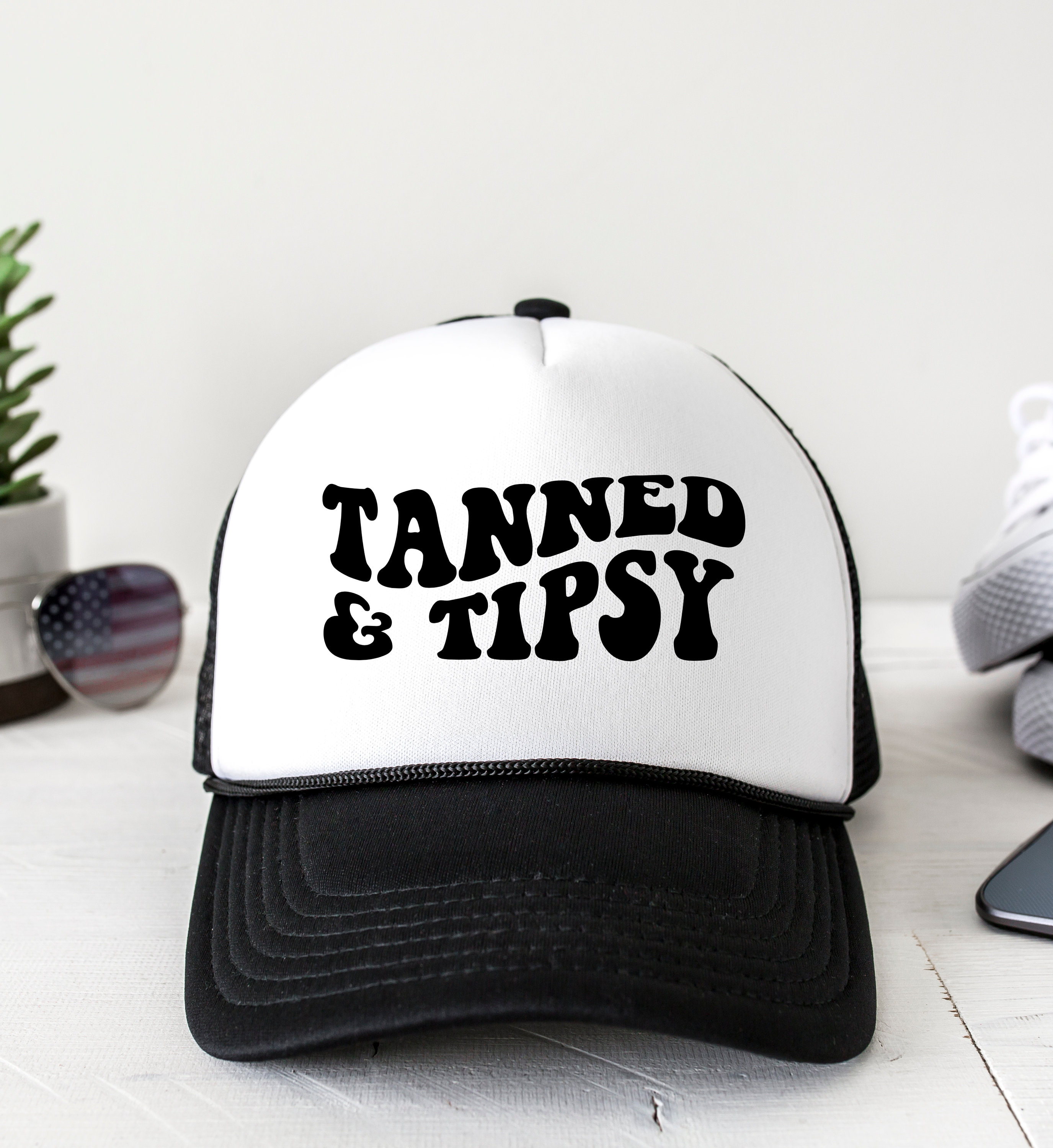 White & Black \'Tanned and Tipsy\' Trucker Hat Tanned and Tipsy Trucker Hat, Adjustable Hat, Snapback  main image 2