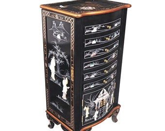 Oriental Jewelry Armoire in Black Lacquer and Inlaid 39