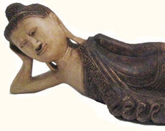 22" w. thai reclining buddha in a brown and gold carved dress