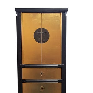 Asian Gold Leaf with Black Lacquer Cabinet 58&quot; High