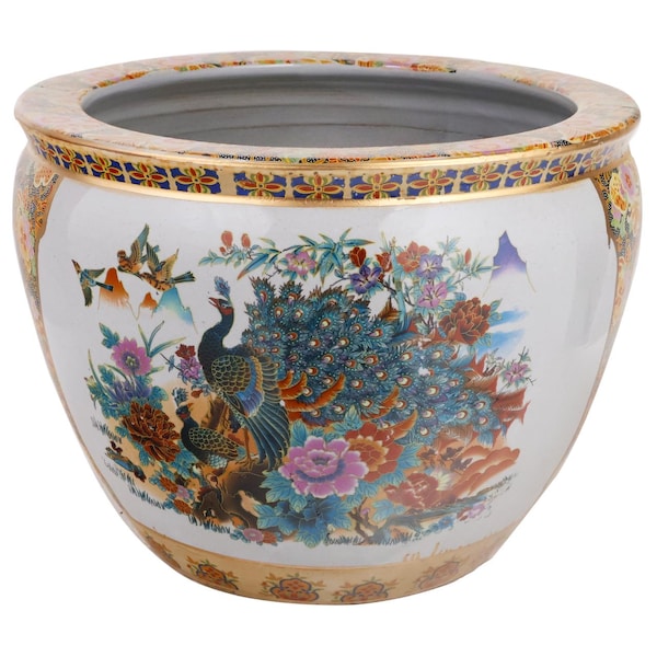 Chinese Porcelain Fishbowl Planter With Satsuma Geisha