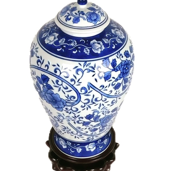12" H Blue and White Porcelain Melon Jar with Lid
