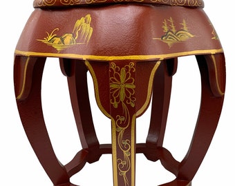 18"H Oriental Red Blossom Stool Hand Painted