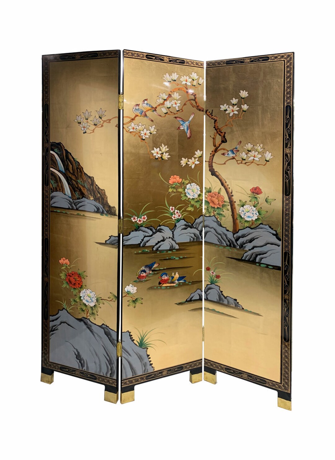 Oriental Folding Screen Hand Painted Gold Leaf Waterfall Etsy