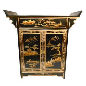 Oriental Altar Cabinet Lacquered Asian Landscape Art