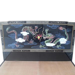 Oriental Bed in Chinese Black Lacquer Hand Carved Dragons