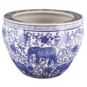 Blue And White Porcelain Fishbowl With Elephant Design
