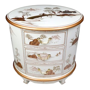 Oriental Oval End Table White Lacquer Hand Painted