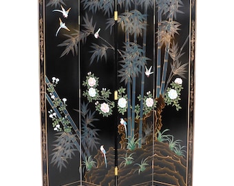 Oriental Furniture Paravento Shoji 4 Pannelli Bassi Con Fiori Di Ciliegio - Nero, 121,9 Cm, Per Camino O Divisorio