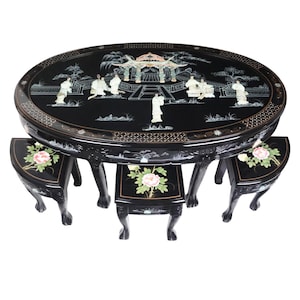 May include: A black lacquered oval table with intricate mother-of-pearl inlay depicting a Chinese garden scene. The table is surrounded by four matching black lacquered stools with floral designs.
