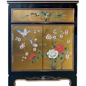 Oriental Cabinet Antique Gold Leaf or White Lacquer Hand Painted Floral