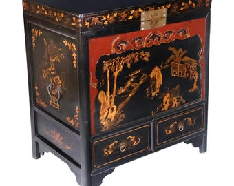 Hand Carved Chinese Dowery Chest with Painted Black and Red Lacquer