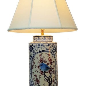 porcelain table lamp in chinese blue and white bird and flower painting with shade
