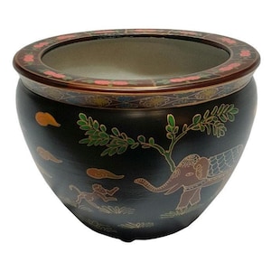 Chinese Black Lacquer Planter Indian Elephant Design