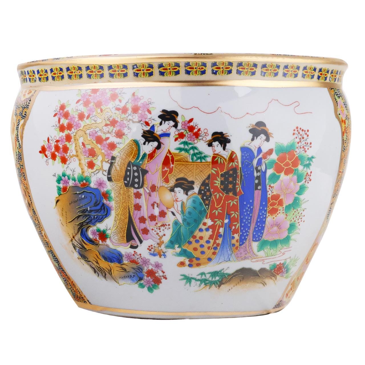 Chinese Porcelain 2 Panel Fishbowl Planters in Satsuma Geishas
