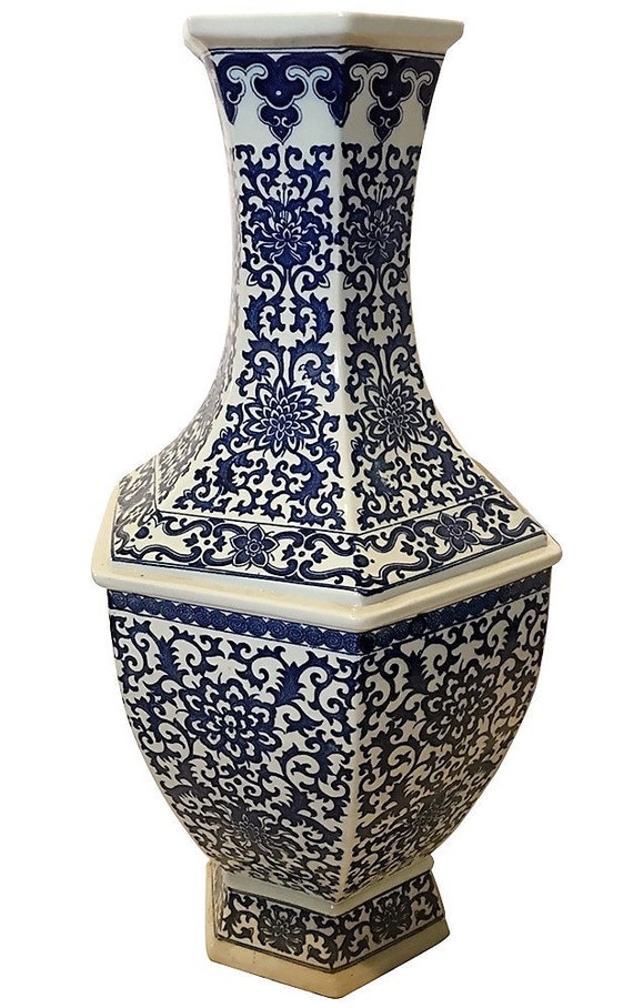 large blue and white hexagonal porcelain vase chinese floral pattern il 570xN rbks