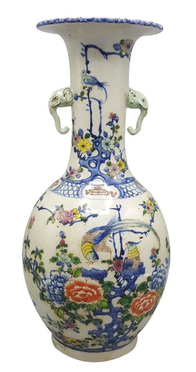 Chinese Porcelain Vase 2Elephant Handle Carved Top Etsy