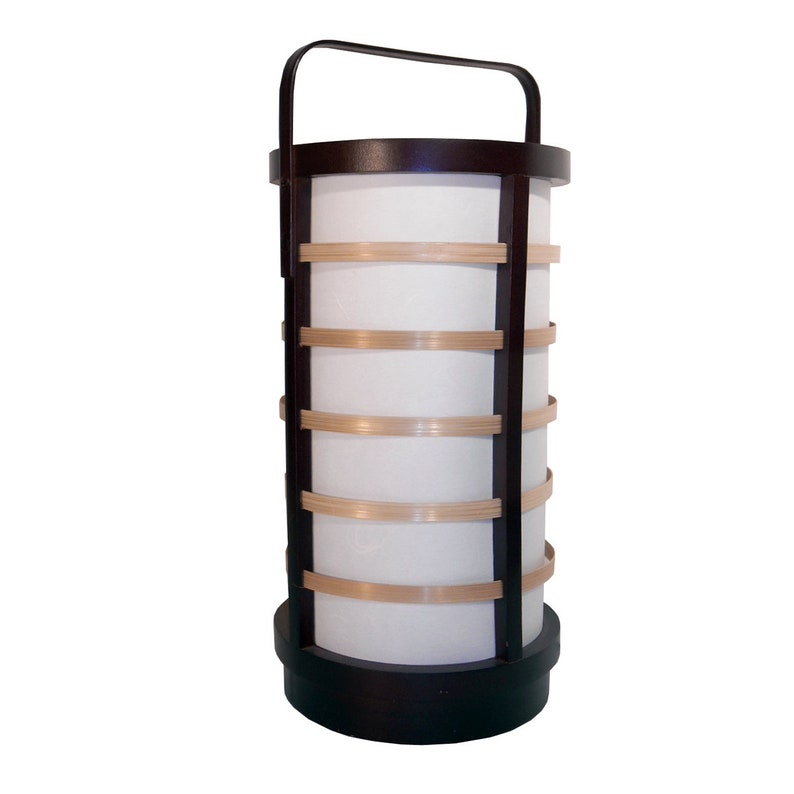 14 H Japanese Drum Table Lamp With Warlon Rice Paper Screening Bamboo Trim And Dark Walnut Handle