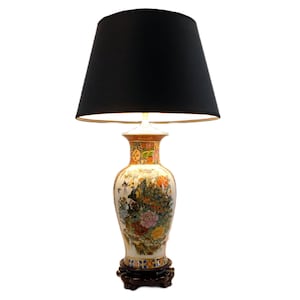 Japanese Satsuma Peacock Lamp with Black Shade 24&quot; H