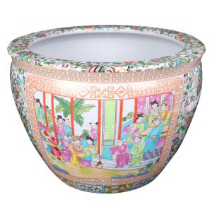 Chinese Rose Medallion Porcelain Fishbowl Planters With Coy Fish