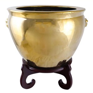 Large Shiny Gold Asian Porcelain Planter with Lion Handles