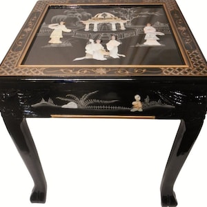 Dragon Leg Oriental End Table Inlaid Pearl in Black Lacquer