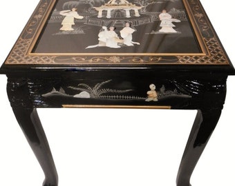 Dragon Leg Oriental End Table Inlaid Pearl in Black Lacquer