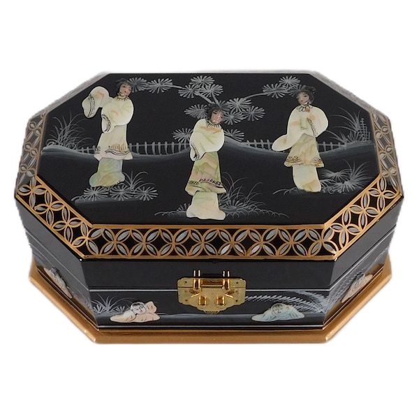 Chinese Black Lacquer Octagonal Jewelry Box With Mother of Pearl Inlays