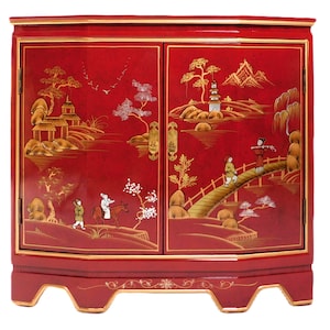 32&quot; w. tortoise shell red oriental cabinet with two doors, shelf, glass top and hand painted landscape