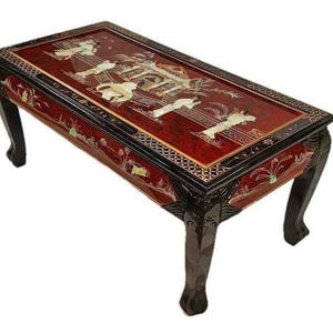 Asian Lacquer Mother of Pearl Inlaid Dragon Leg Coffee Table