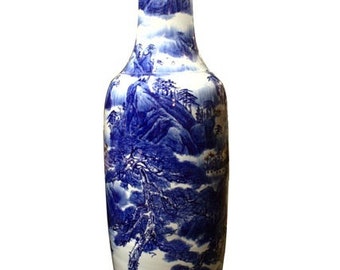 71" Oriental Temple Vase Hand Painted in Blue and White Landscape