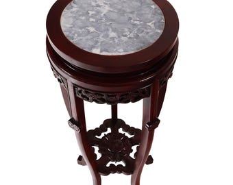 Marble Top Rosewood Plant Stand Hand Carved Dragon and Florals