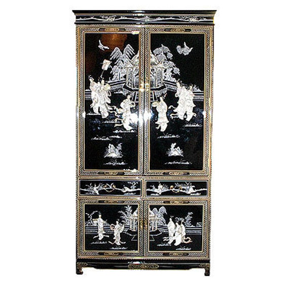 78h Oriental Armoire In Black Lacquer Hand Painted And Etsy