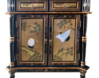 32"h empire style oriental cabinet in black lacquer with gold leaf handpainted in chinese bird and flower